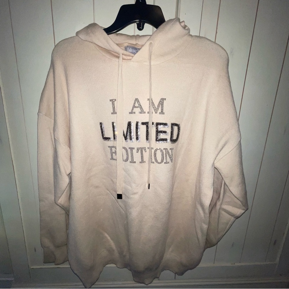 BlueB Collection WoolBlend Rhinestone “I Am Limited Edition” Cream Hoodie Medium